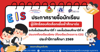 ประกาศรายชื่อนักเรียนผู้มีสิทธิ์สอบคัดเลือก ม.1 และ ม.4 ห้องเรียนโครงการ EIS ปี 2569