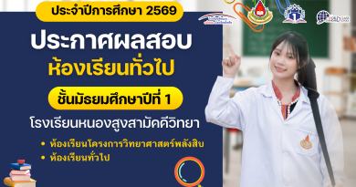 ประกาศผลสอบคัดเลือกนักเรียน ม.1 ประเภทห้องเรียนทั่วไป ปีการศึกษา 2569
